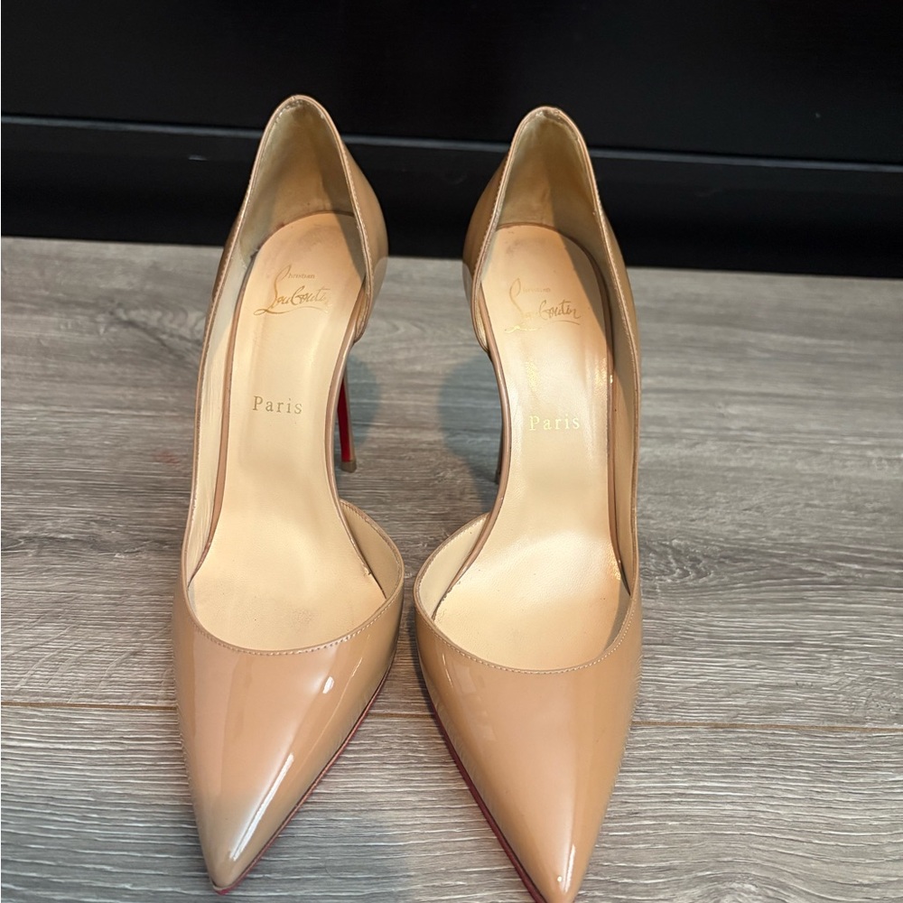 Christian Louboutin Nude Patent Pointed-Toe Pumps with Red Sole